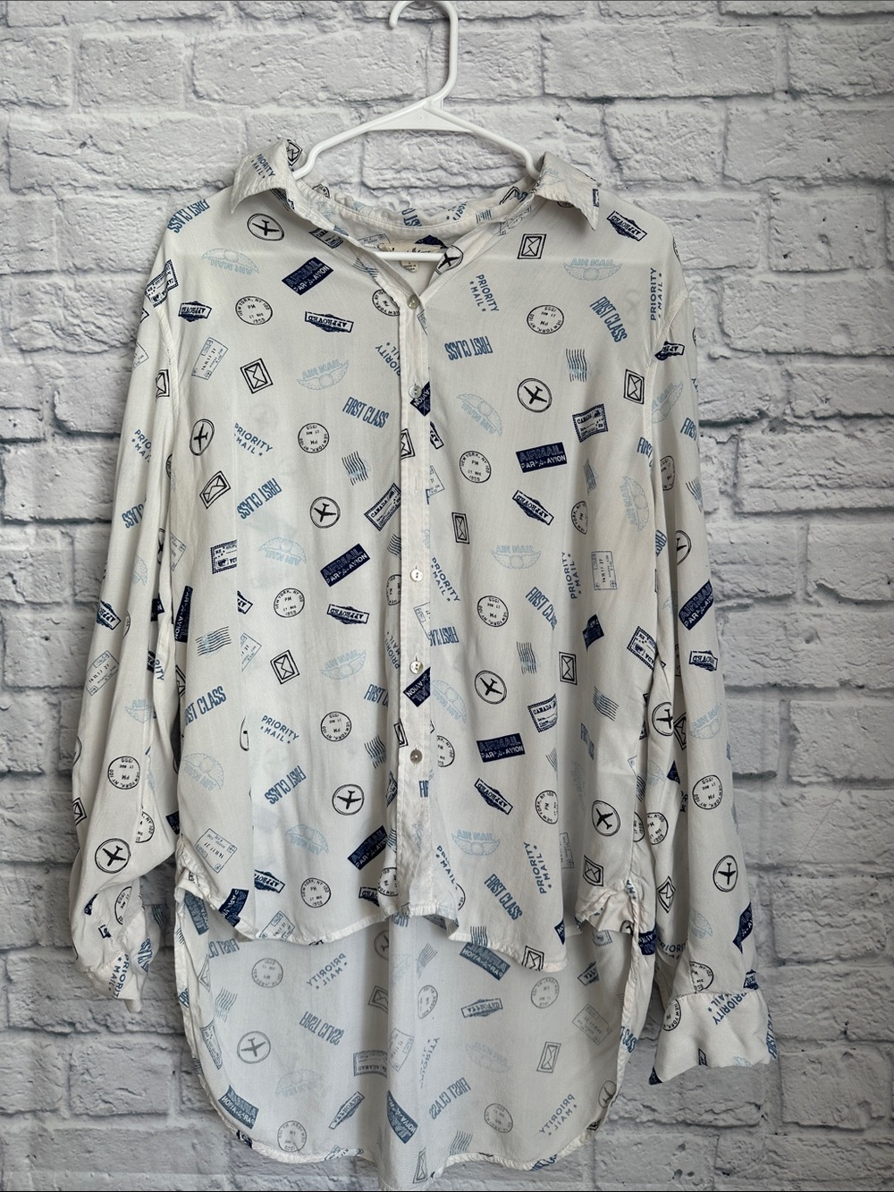 Jane and Delancey White Postal Stamp Print Button-Down Shirt